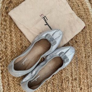 Salvatore Ferragamo Women's Metallic Gray Flats with Bow
